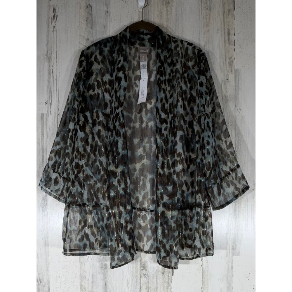 Chicos Animal Luster Sheer Size 2 Large‎ Teal Gold Metallic Leopard Cardigan NWT